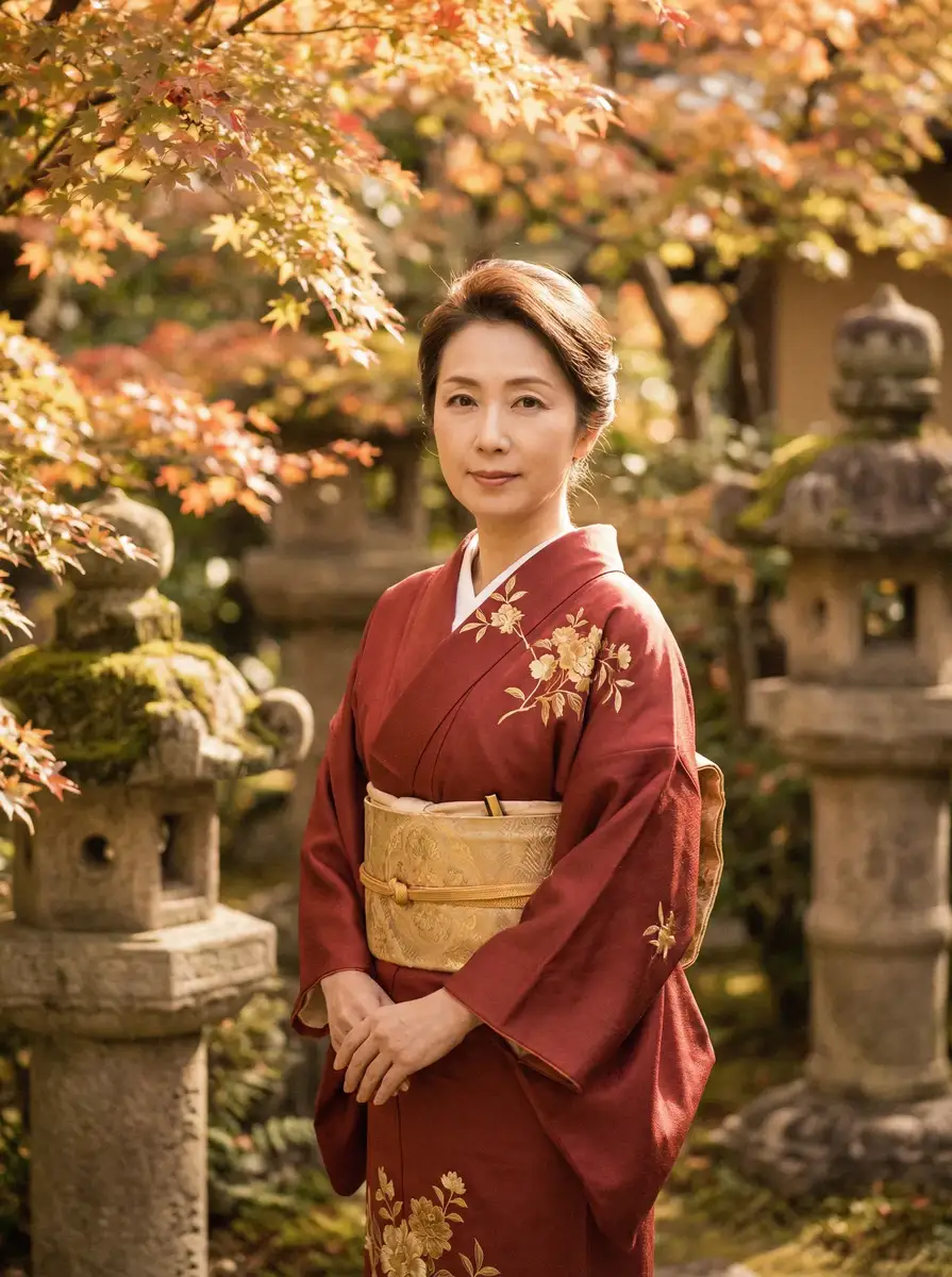一位身穿暗红色和服的优雅 吉祥坊app 在日式庭院中